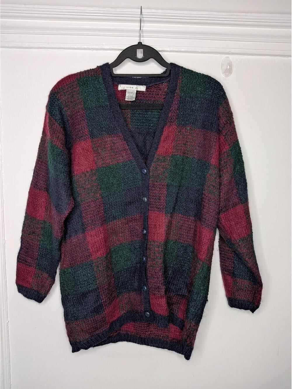 VTG Lise J. Cardigan Sweater 90s Grunge Cottagwcore L Plaid Mohair Gorpcore